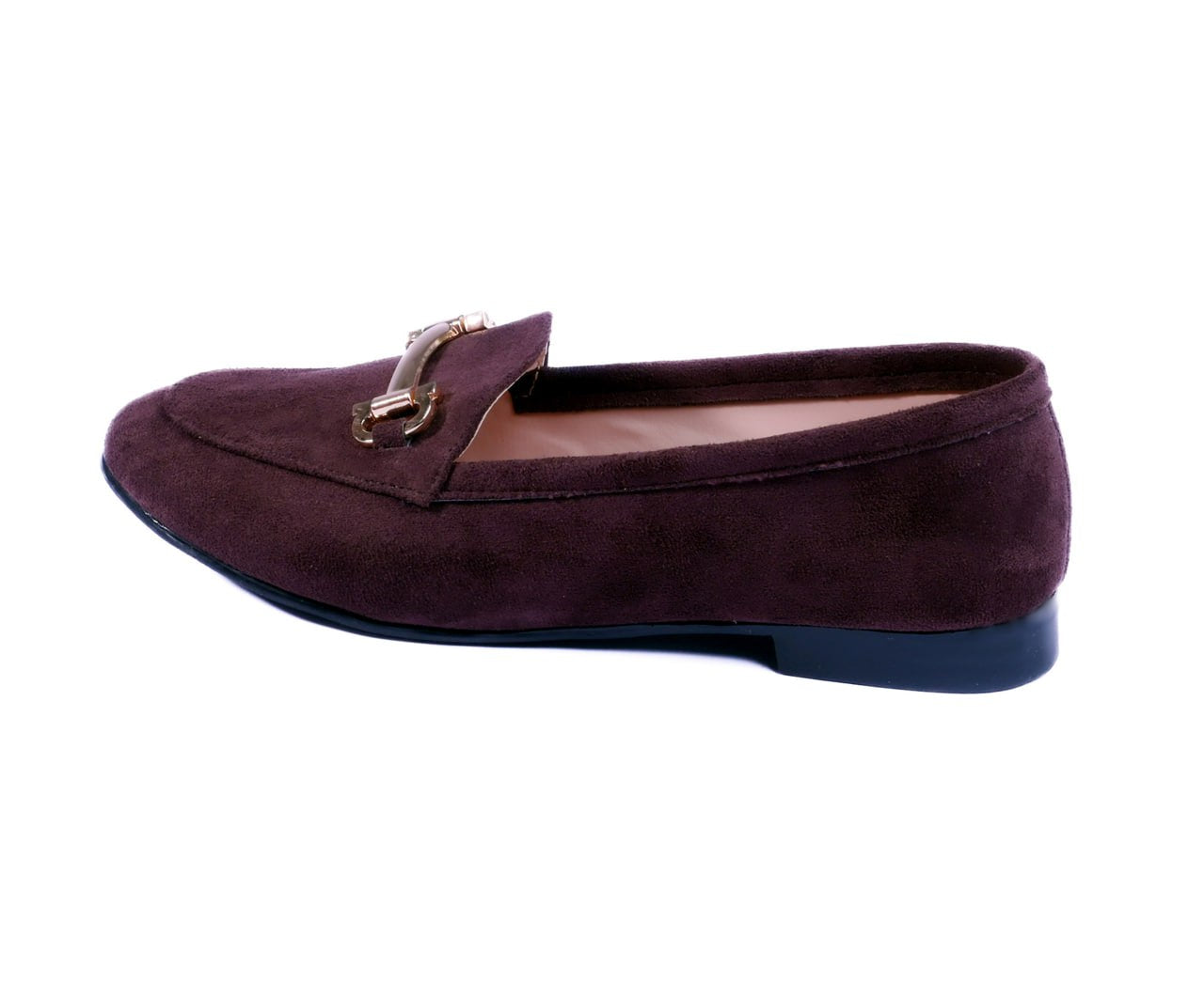 Brown loafer shoe with a gold buckle on a white background