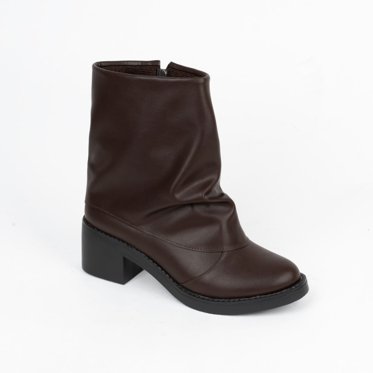 Mid-Heel Slouchy Ankle Boot -Brown