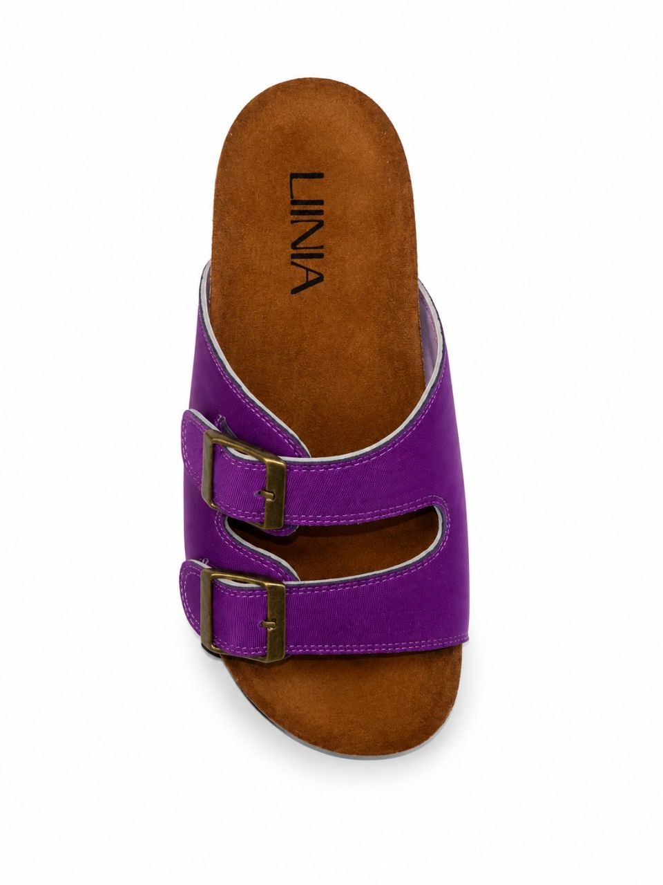 A single purple double-strap slide sandal with brown footbed and bronze-tone buckle hardware, shown from a top-down view on a white background.