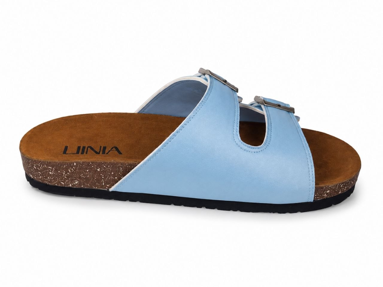 A light blue double-strap slide sandal with a brown cork-look midsole and black outsole, shown from a side profile on a white background.