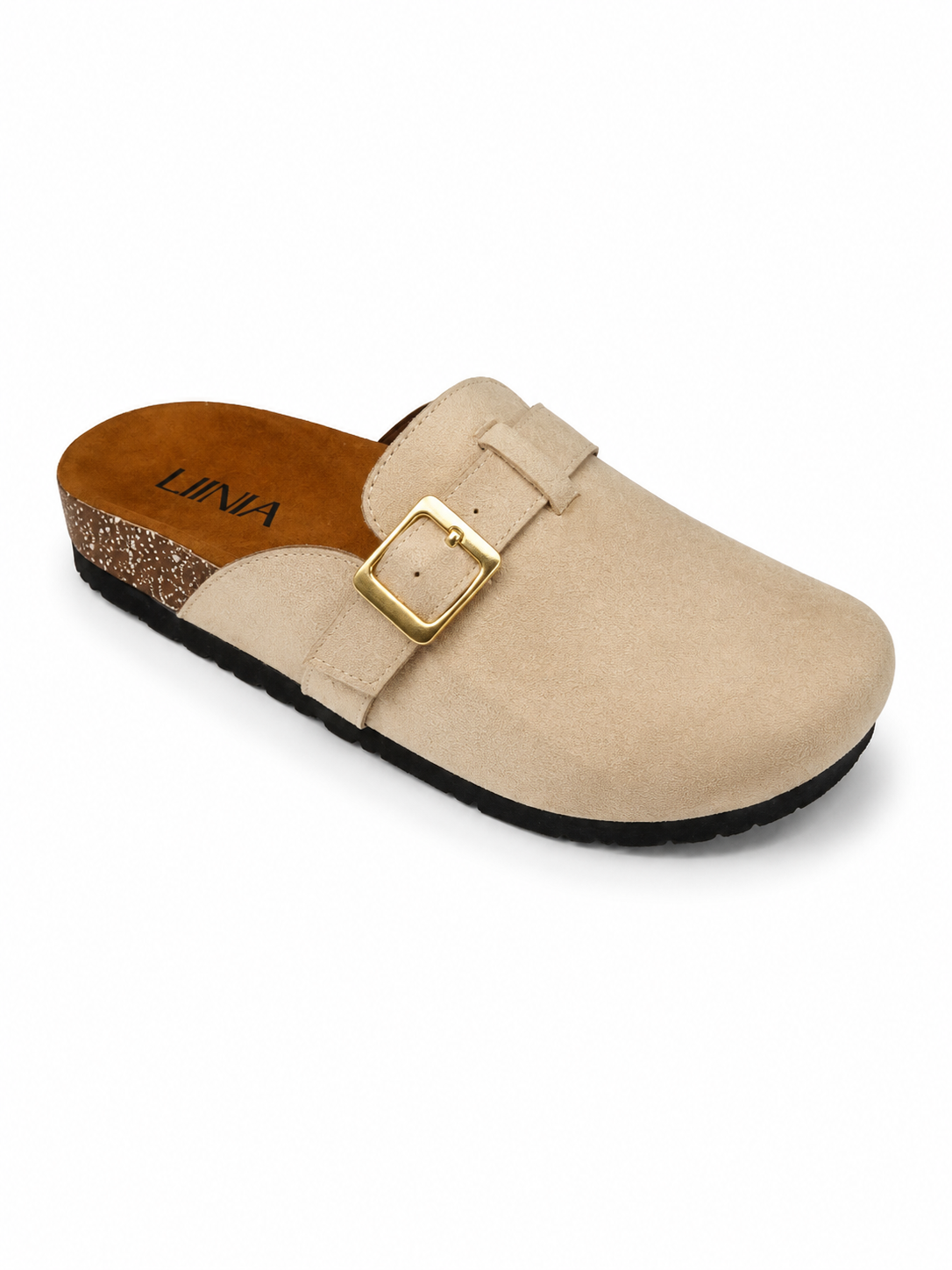 A single beige clog-style mule sandal with a gold buckle strap, black outsole, and a brown insole with the brand name 'UNIA' printed on it, shown on a white background.