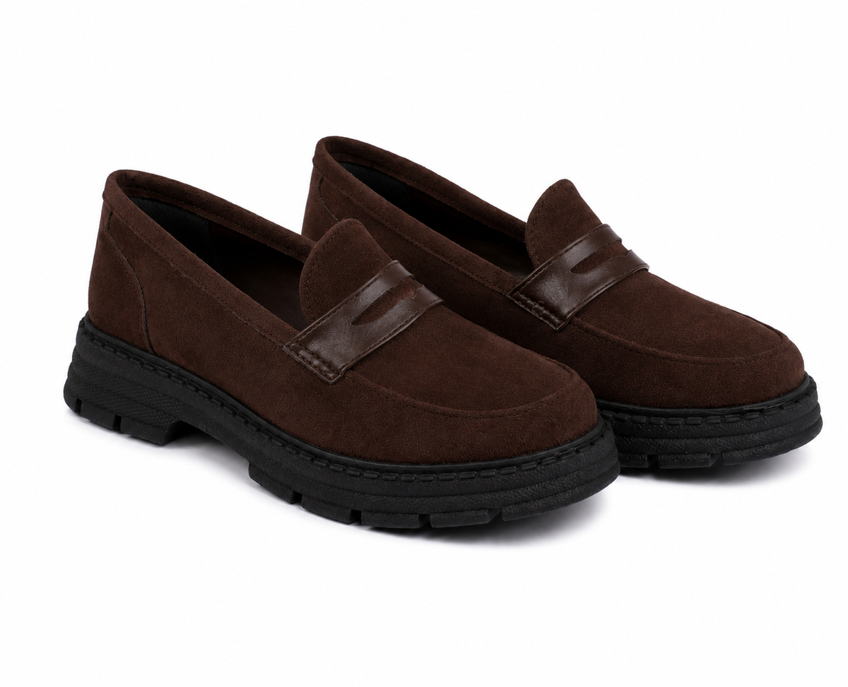All About the Suede |  Chunky Sole Loafer with leather Strap -Dark Brown