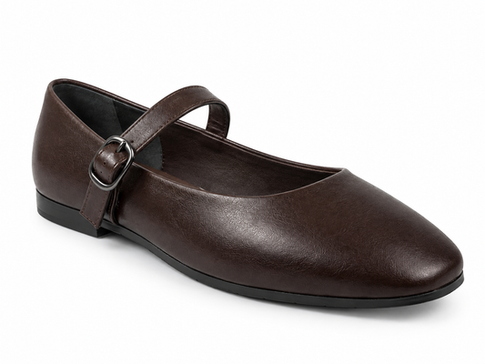 A dark brown leather Mary Jane flat shoe with a pointed toe and a silver-tone buckle strap, shown from a three-quarters angle on a white background.