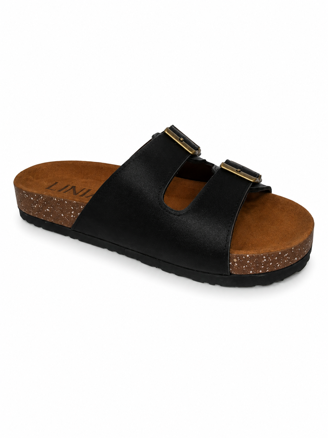 A single black slide sandal with two adjustable straps and gold-tone buckles, featuring a brown cork-textured midsole and a black outsole, shown on a white background.