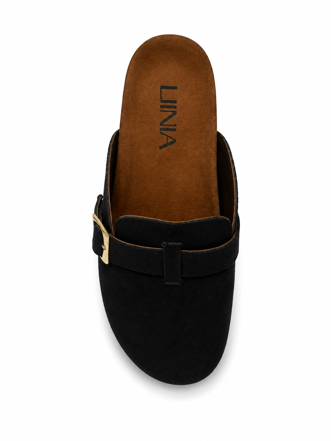 A black slip-on mule sandal with a wide strap and a gold-tone buckle, shown from a top-down view on a white background. The brand name 'LINIA' is printed on the brown insole.