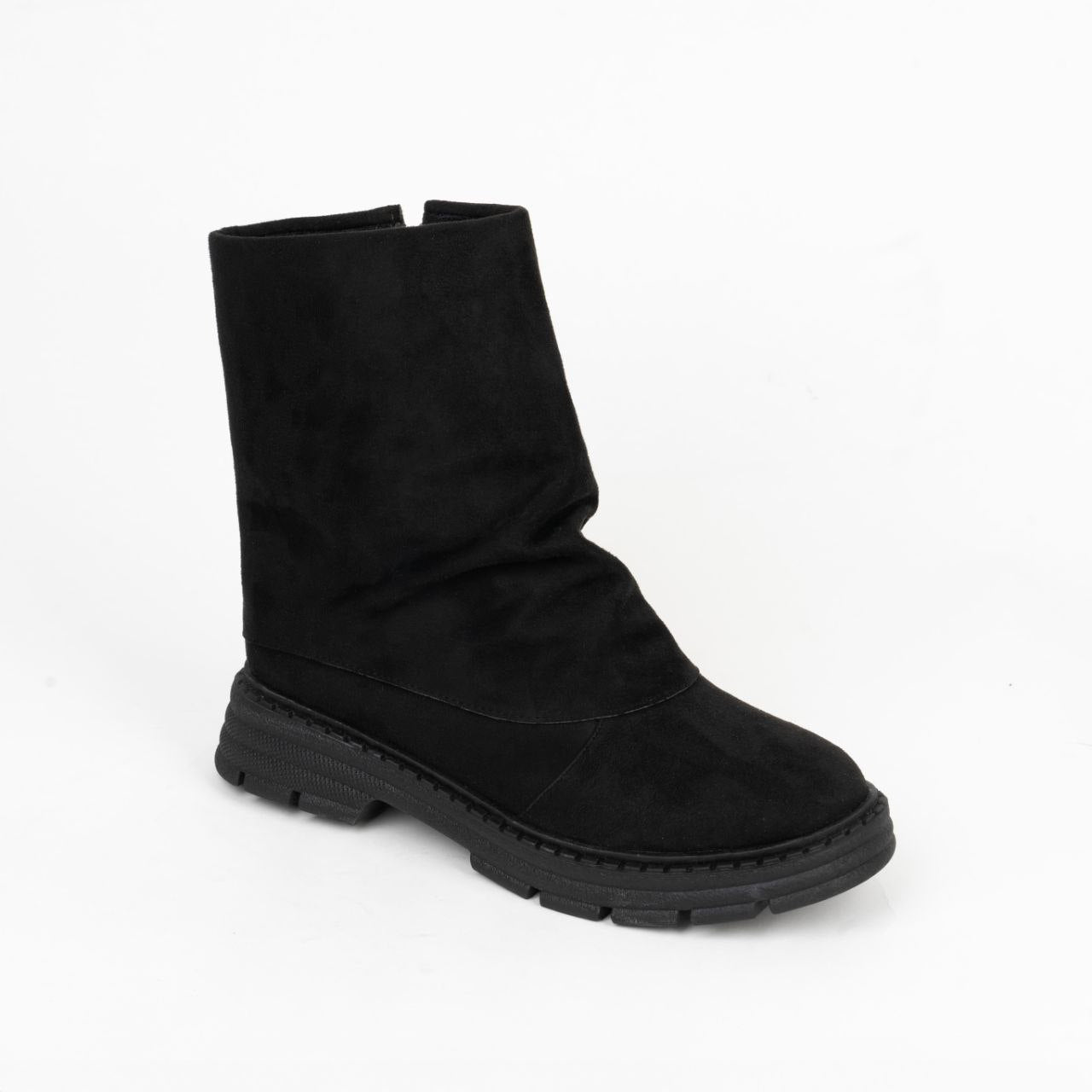 Black suede slouchy boots with a thick chunky lug sole and side zipper.