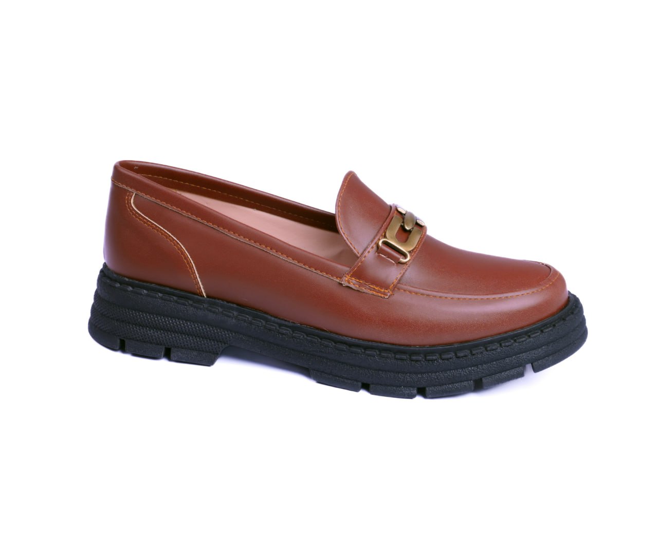  Havana chunky loafers with a thick black lug sole and gold chain