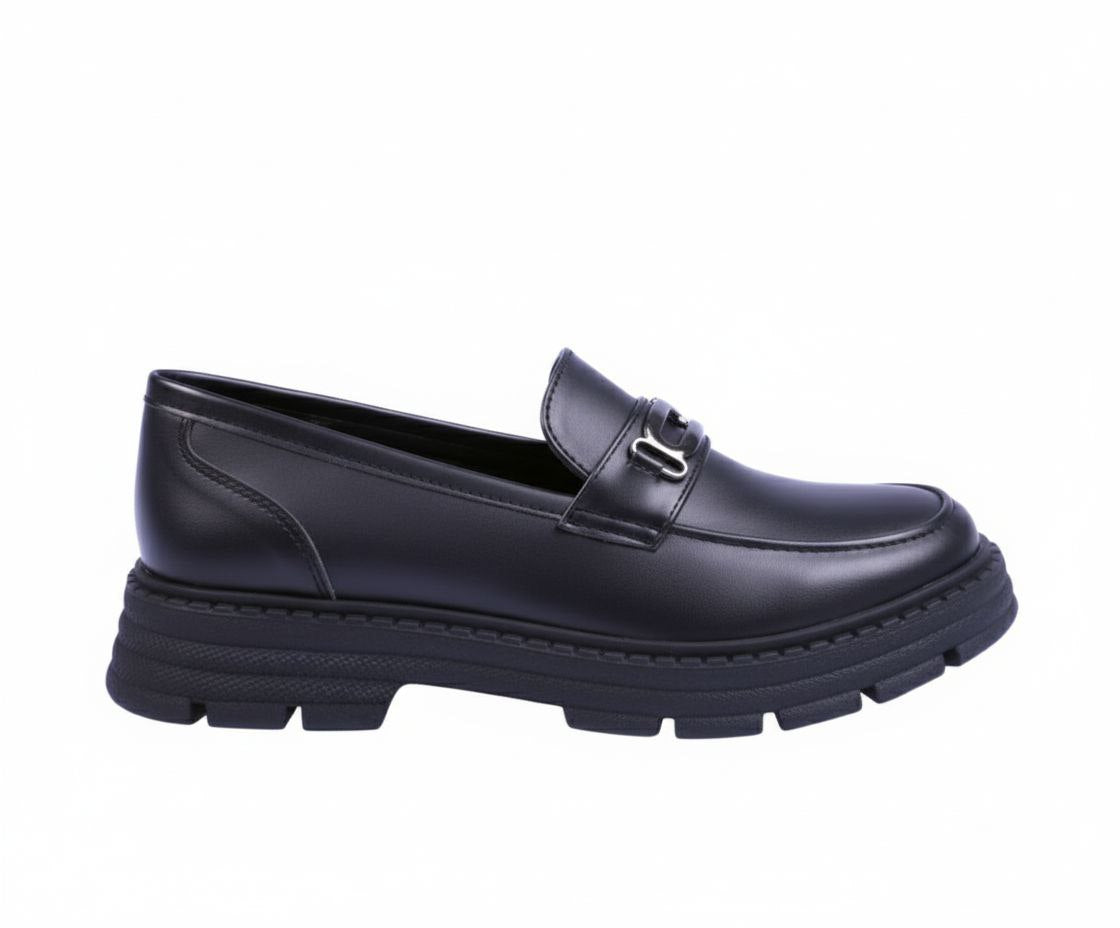 Black loafer shoe on a white background