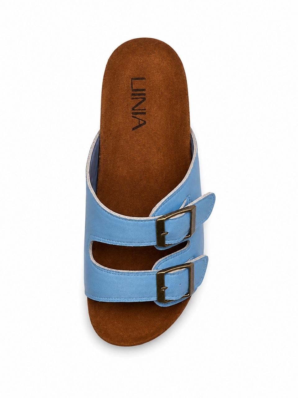 A light blue double-strap slide sandal with brown suede-like footbed and insole, featuring the brand name 'LINIA' printed on the footbed, shown against a plain white background.
