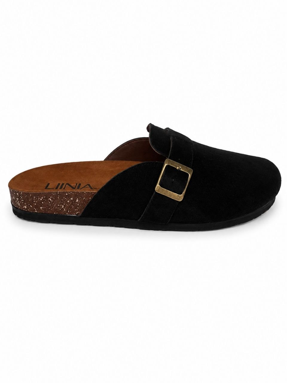 A black clog-style slip-on shoe with a gold-tone buckle strap, brown cork-textured midsole, and a brown insole printed with the brand name 'LINIA'.