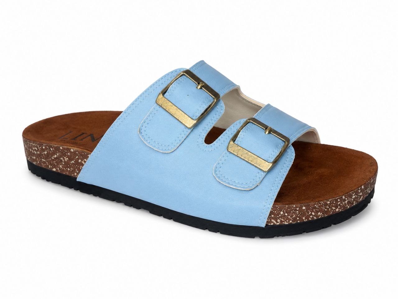 A light blue double-strap slide sandal with gold-tone buckles, a brown cork-textured midsole, and a black outsole, shown on a plain white background.